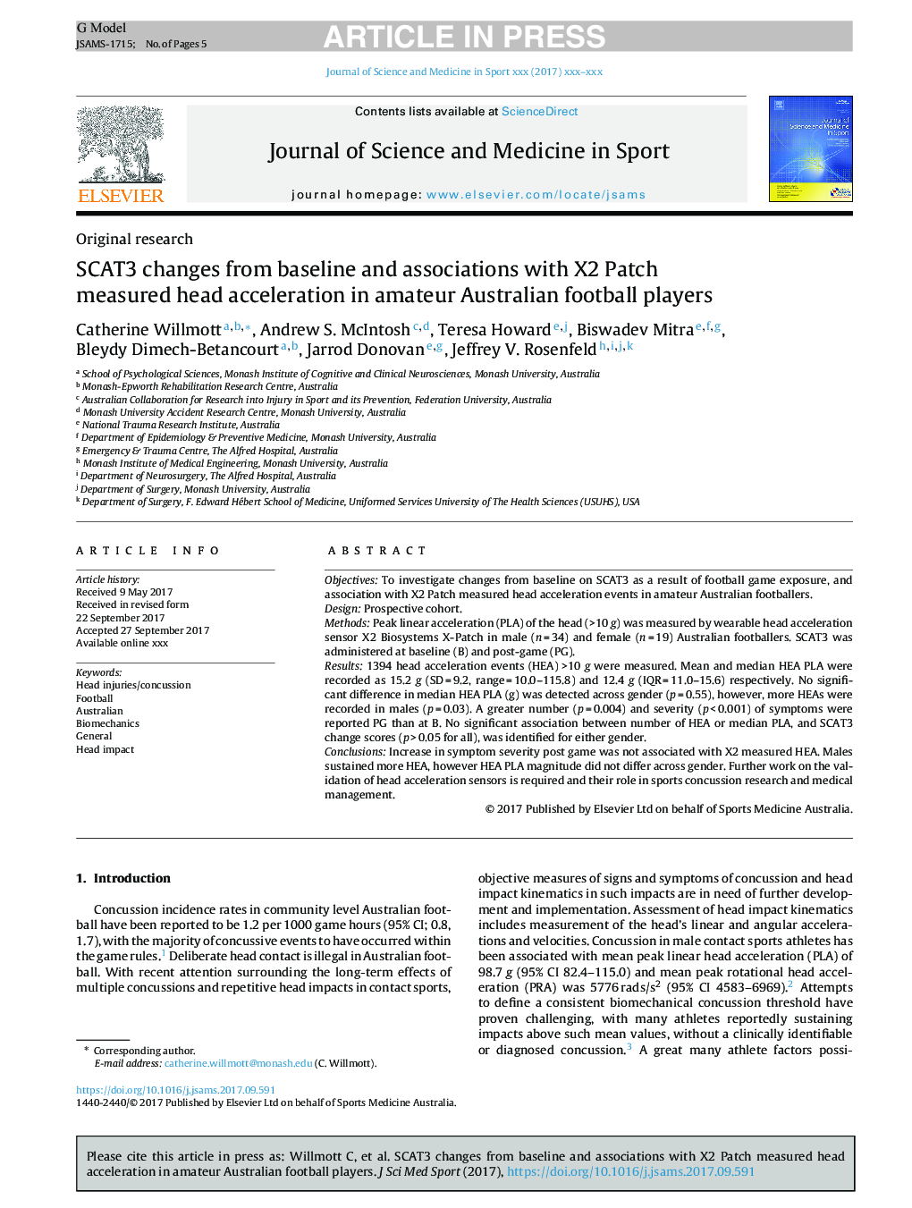 SCAT3 changes from baseline and associations with X2 Patch measured head acceleration in amateur Australian football players