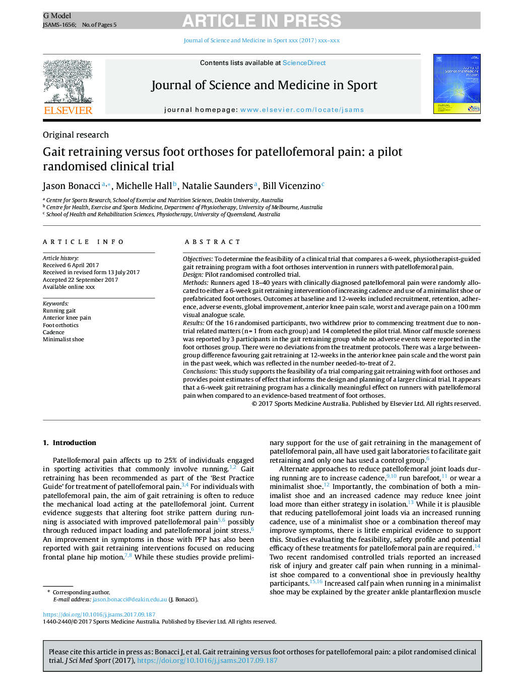 Gait retraining versus foot orthoses for patellofemoral pain: a pilot randomised clinical trial