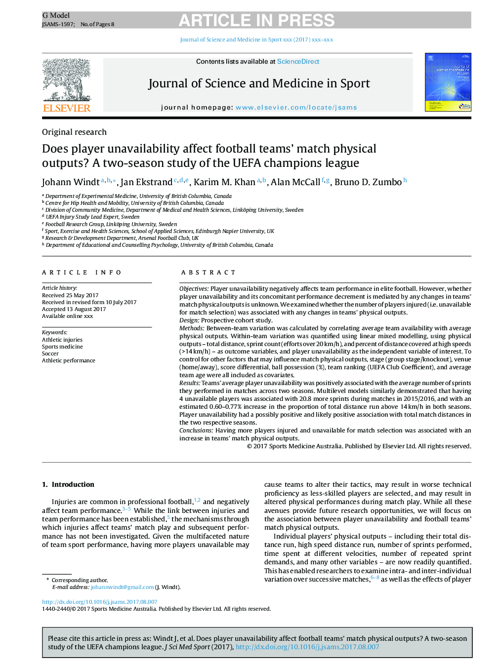 Does player unavailability affect football teams' match physical outputs? A two-season study of the UEFA champions league