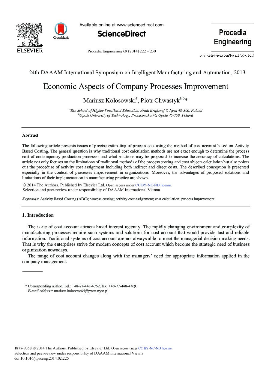 Economic Aspects of Company Processes Improvement 