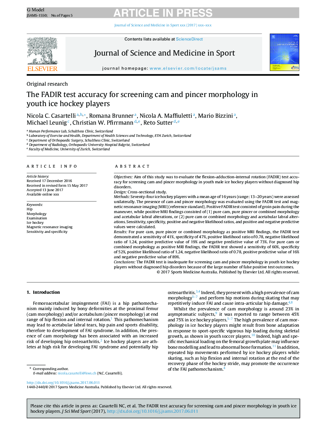 The FADIR test accuracy for screening cam and pincer morphology in youth ice hockey players