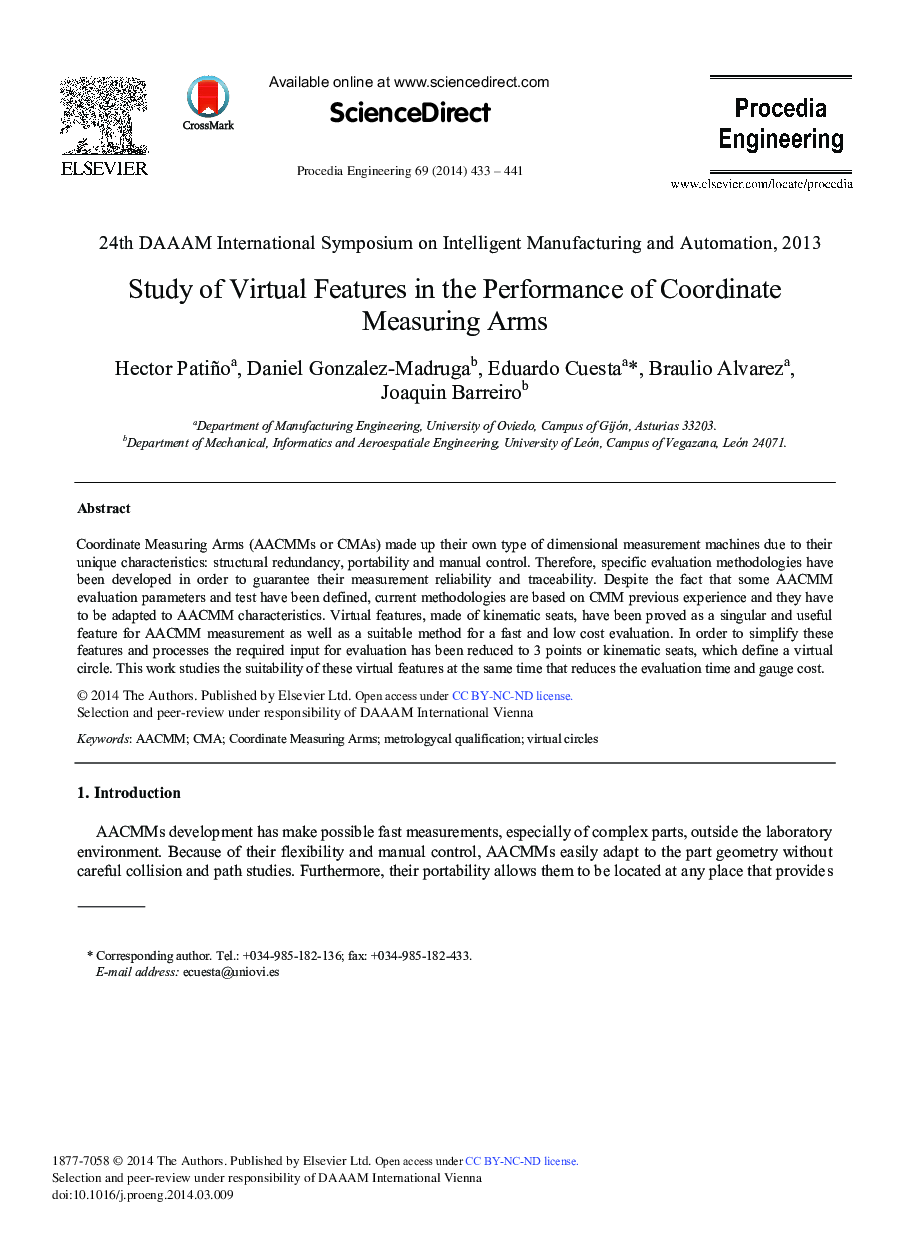 Study of Virtual Features in the Performance of Coordinate Measuring Arms 