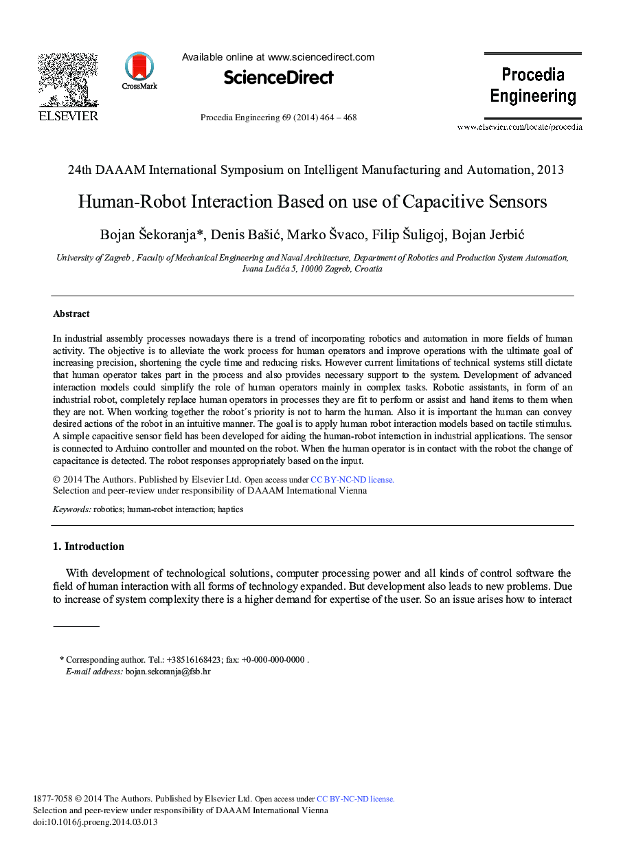 Human-Robot Interaction Based on Use of Capacitive Sensors 