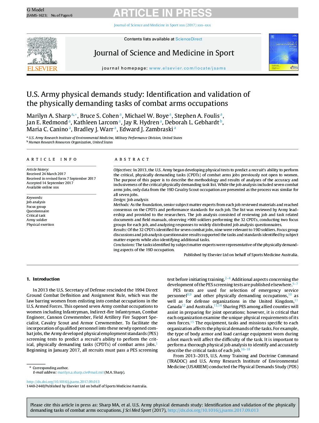 U.S. Army physical demands study: Identification and validation of the physically demanding tasks of combat arms occupations