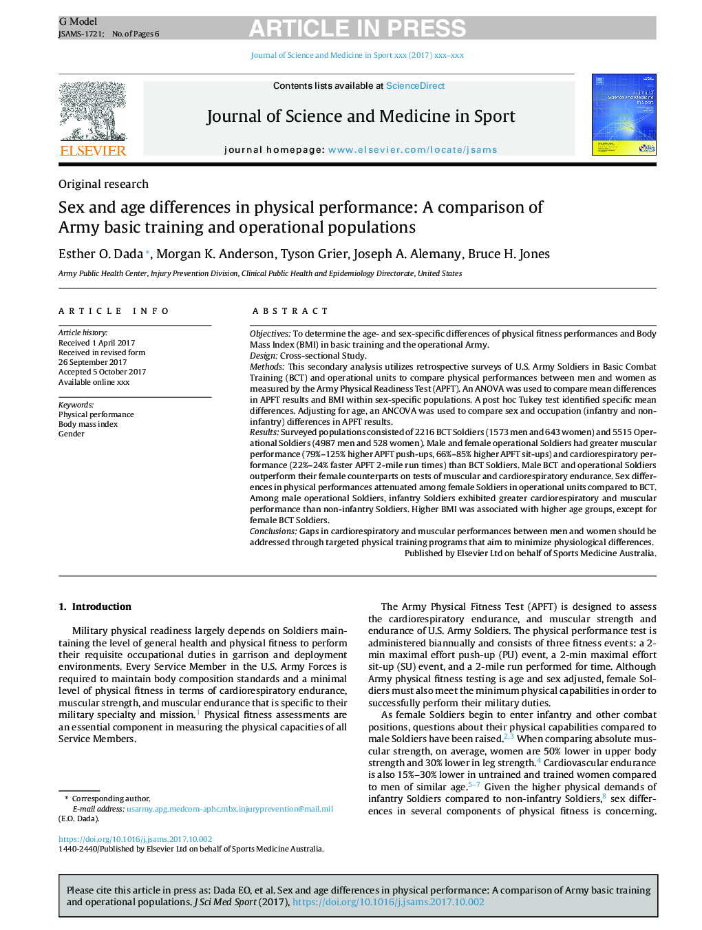 Sex and age differences in physical performance: A comparison of Army basic training and operational populations