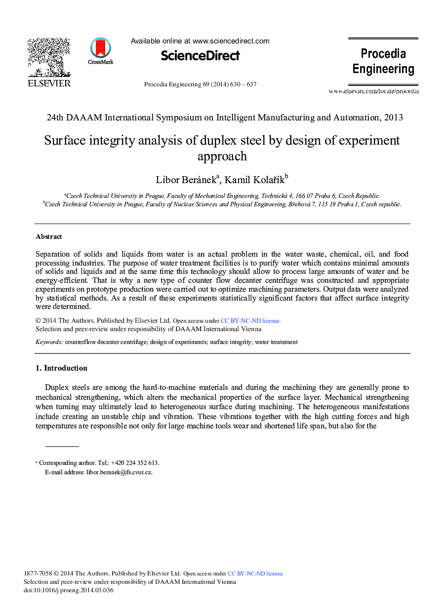 Surface Integrity Analysis of Duplex Steel by Design of Experiment Approach 