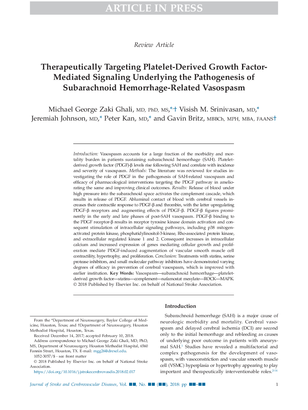 Therapeutically Targeting Platelet-Derived Growth Factor-Mediated Signaling Underlying the Pathogenesis of Subarachnoid Hemorrhage-Related Vasospasm