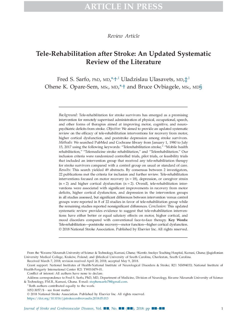 Tele-Rehabilitation after Stroke: An Updated Systematic Review of the Literature