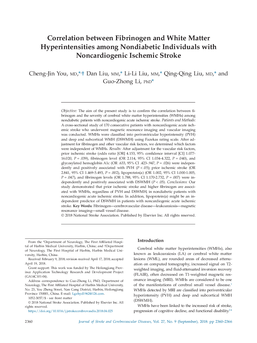 Correlation between Fibrinogen and White Matter Hyperintensities among Nondiabetic Individuals with Noncardiogenic Ischemic Stroke