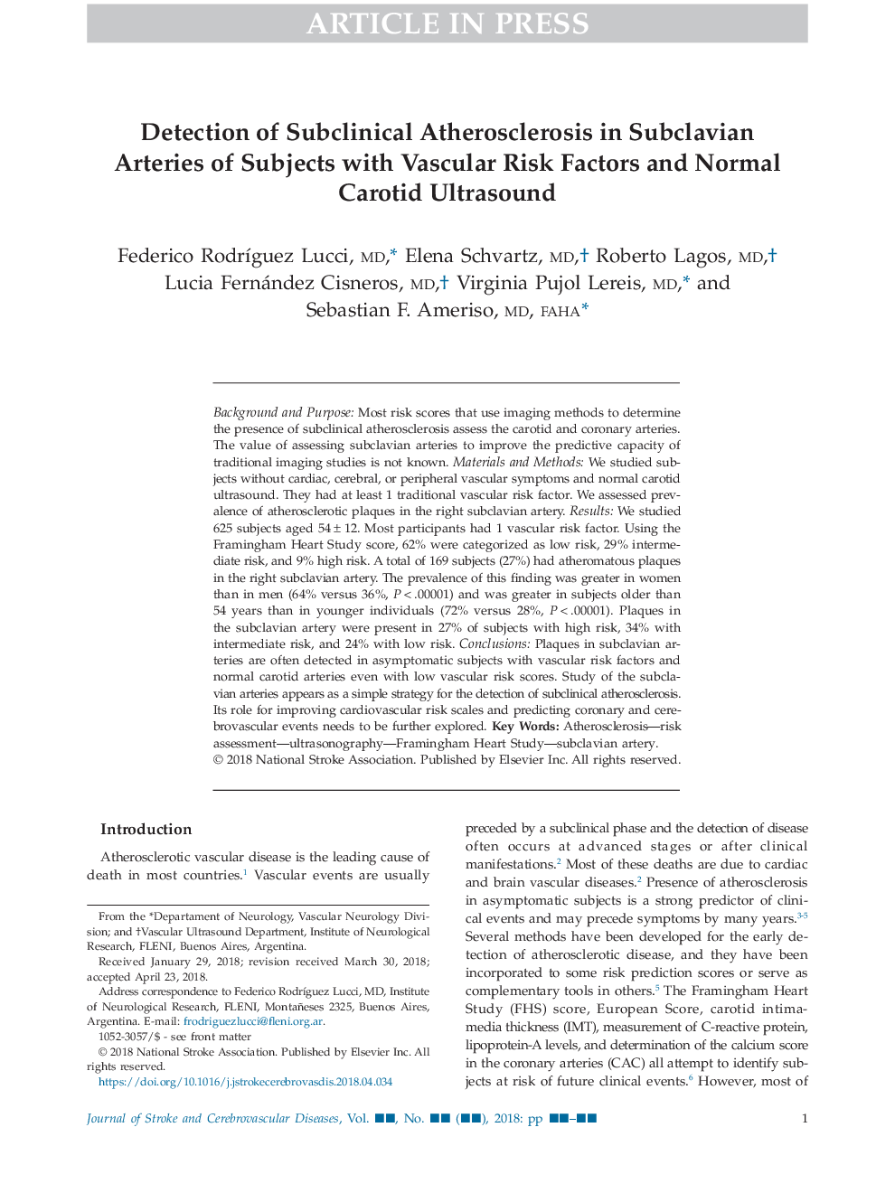 Detection of Subclinical Atherosclerosis in Subclavian Arteries of Subjects with Vascular Risk Factors and Normal Carotid Ultrasound