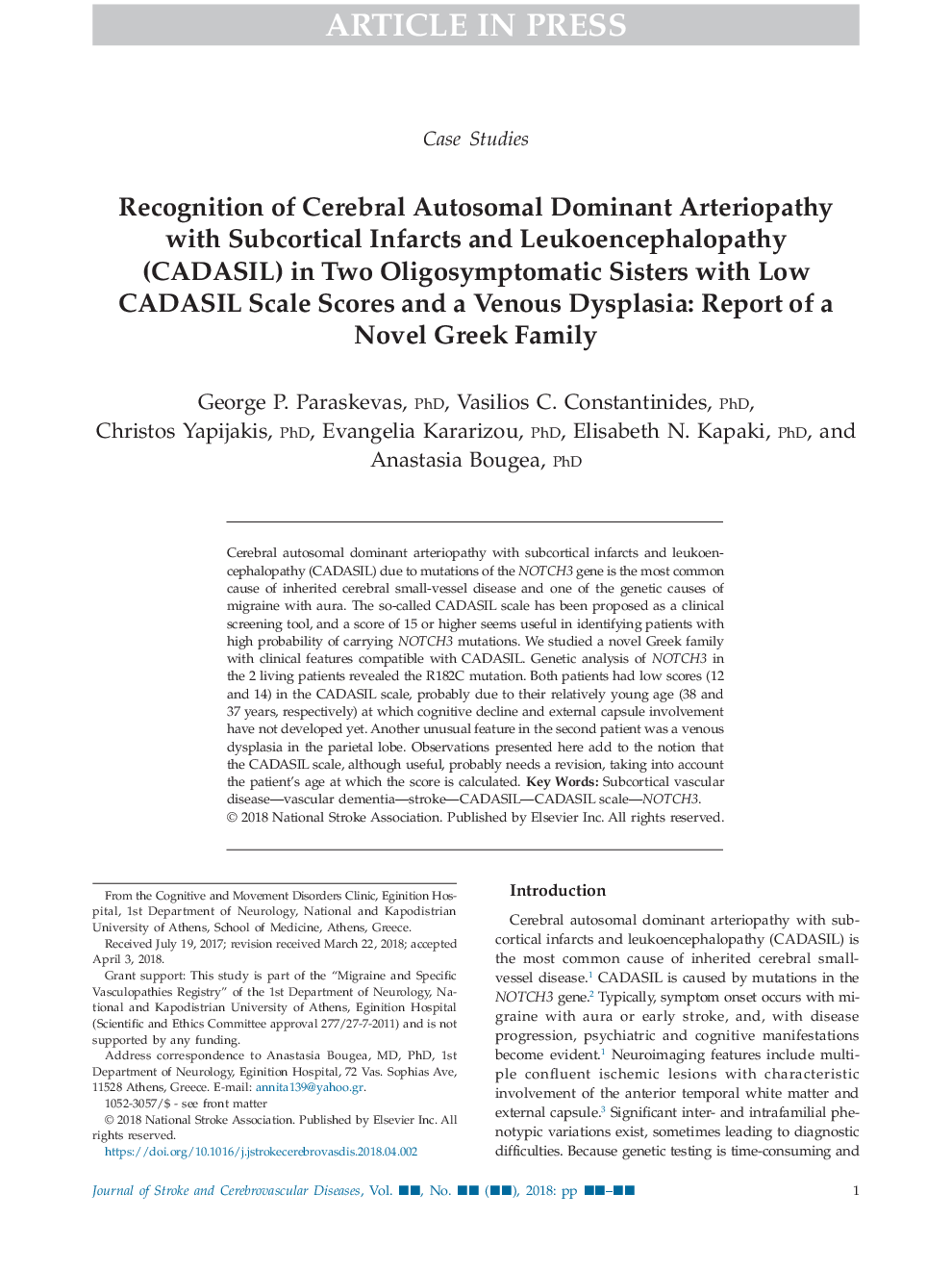 Recognition of Cerebral Autosomal Dominant Arteriopathy with Subcortical Infarcts and Leukoencephalopathy (CADASIL) in Two Oligosymptomatic Sisters with Low CADASIL Scale Scores and a Venous Dysplasia: Report of a Novel Greek Family