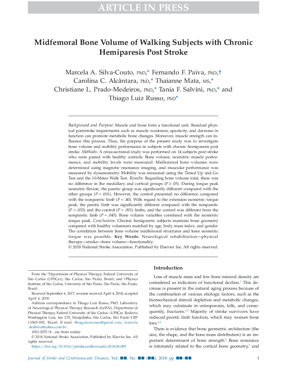 Midfemoral Bone Volume of Walking Subjects with Chronic Hemiparesis Post Stroke