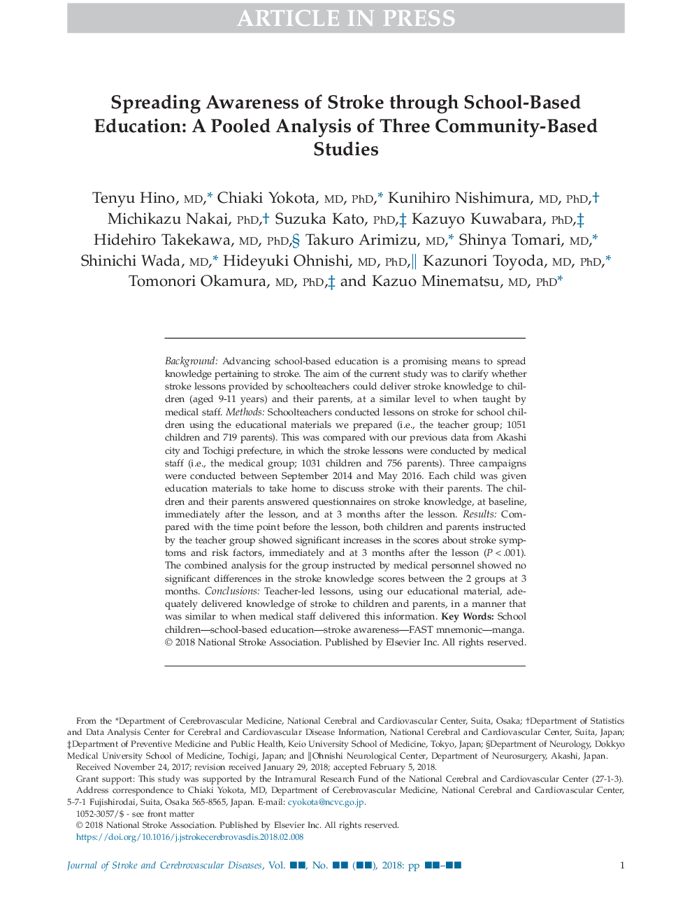 Spreading Awareness of Stroke through School-Based Education: A Pooled Analysis of Three Community-Based Studies