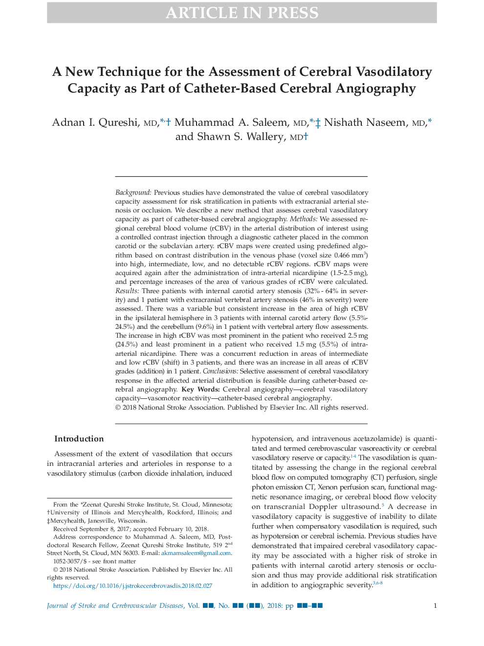 A New Technique for the Assessment of Cerebral Vasodilatory Capacity as Part of Catheter-Based Cerebral Angiography