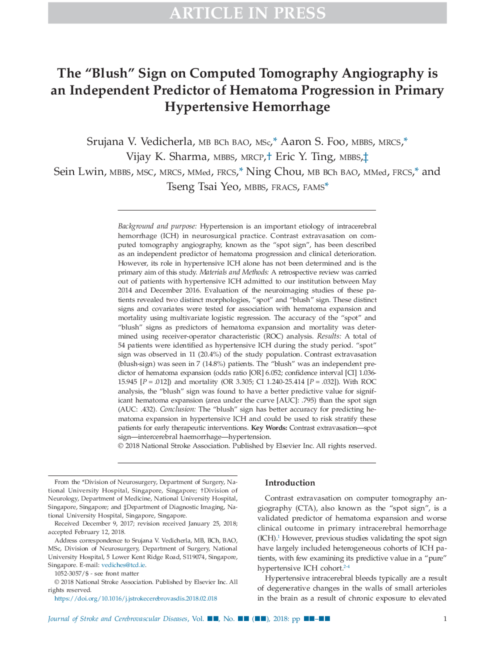 The “Blush” Sign on Computed Tomography Angiography is an Independent Predictor of Hematoma Progression in Primary Hypertensive Hemorrhage