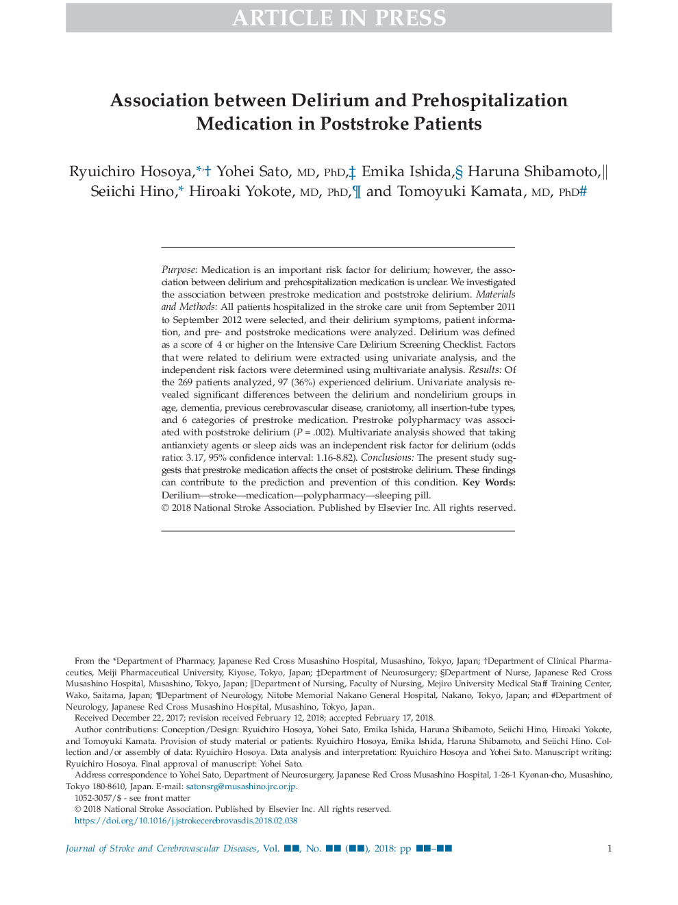 Association between Delirium and Prehospitalization Medication in Poststroke Patients