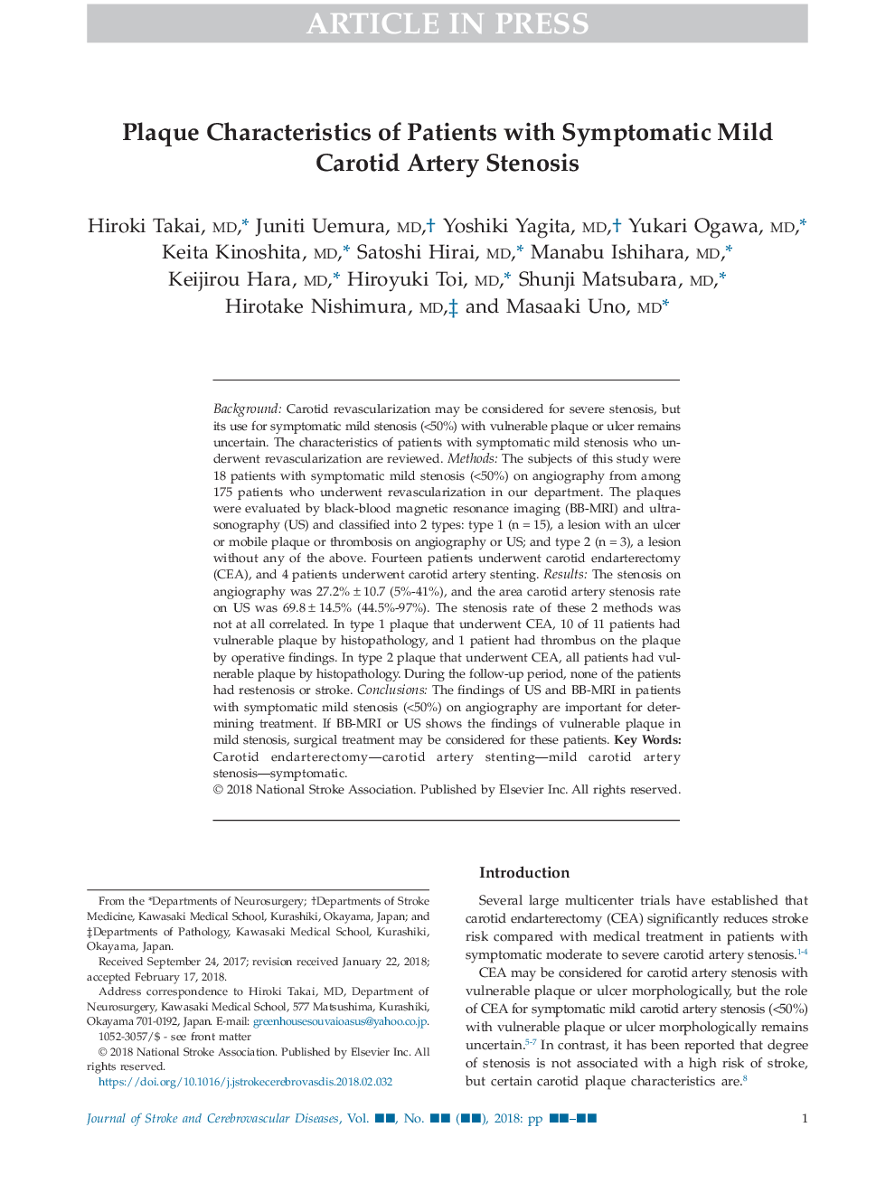 Plaque Characteristics of Patients with Symptomatic Mild Carotid Artery Stenosis