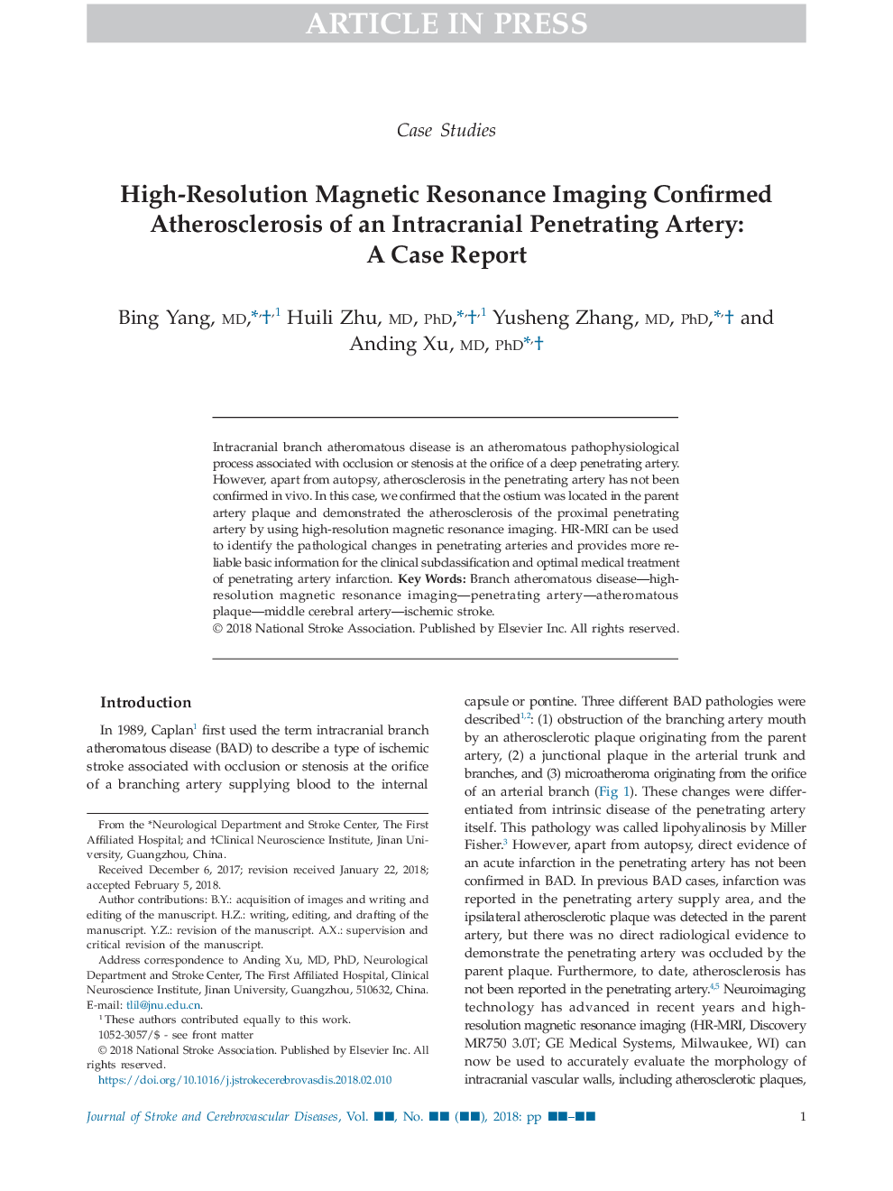 High-Resolution Magnetic Resonance Imaging Confirmed Atherosclerosis of an Intracranial Penetrating Artery: A Case Report