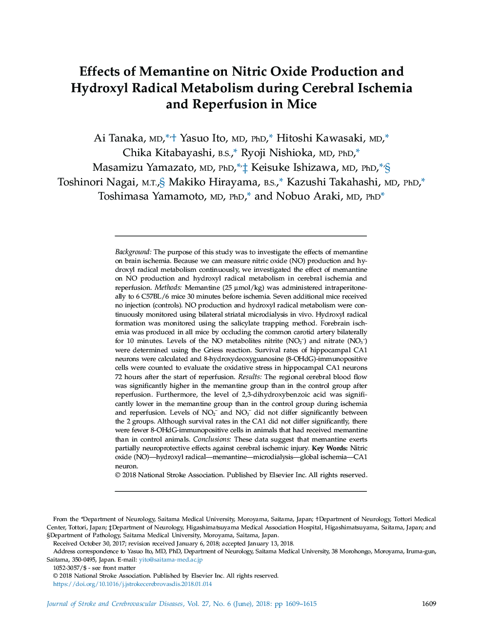 Effects of Memantine on Nitric Oxide Production and Hydroxyl Radical Metabolism during Cerebral Ischemia and Reperfusion in Mice