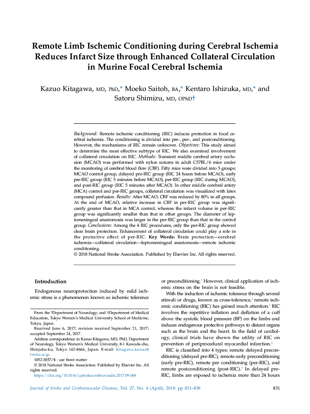 Remote Limb Ischemic Conditioning during Cerebral Ischemia Reduces Infarct Size through Enhanced Collateral Circulation in Murine Focal Cerebral Ischemia