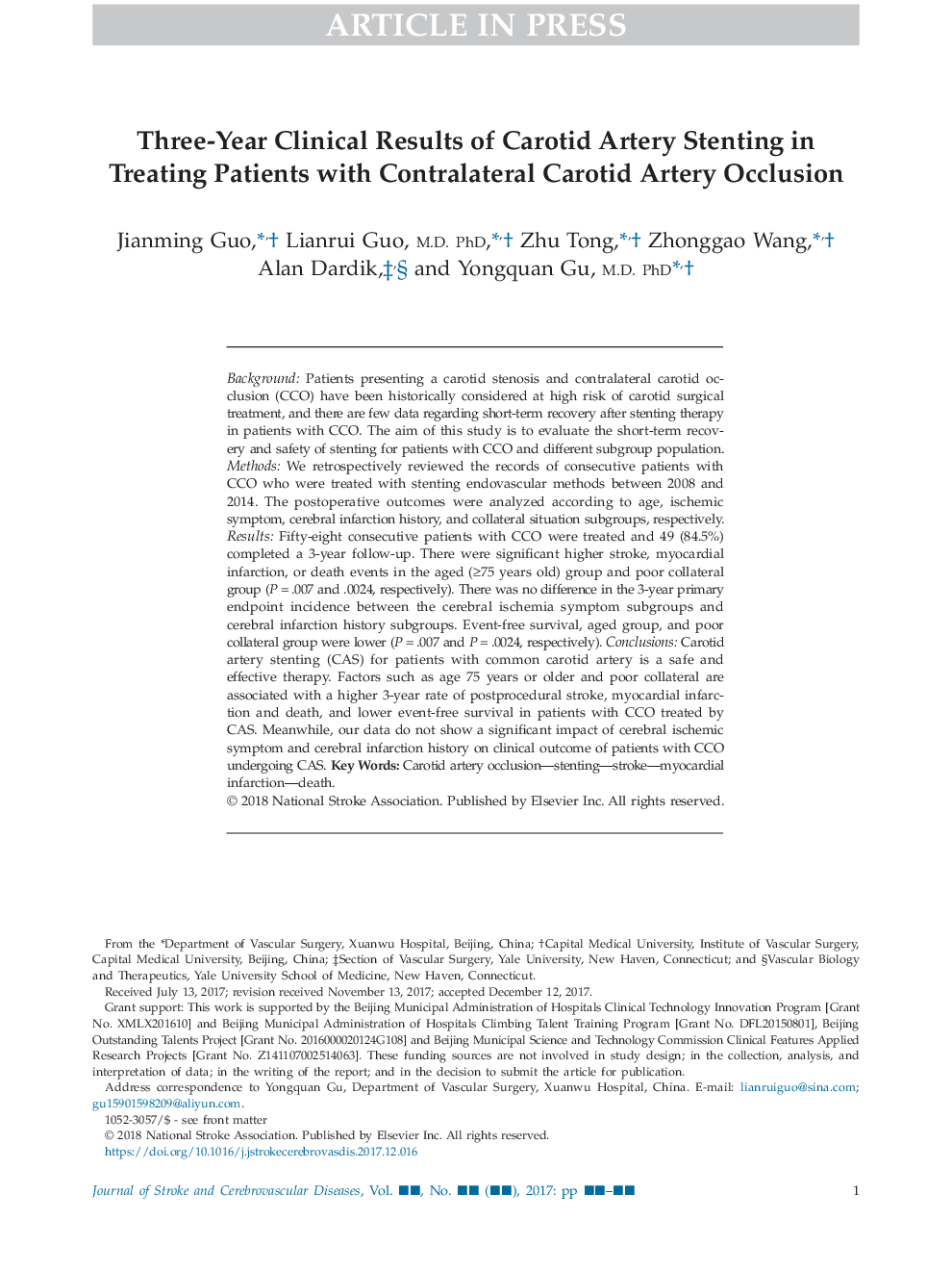 Three-Year Clinical Results of Carotid Artery Stenting in Treating Patients with Contralateral Carotid Artery Occlusion