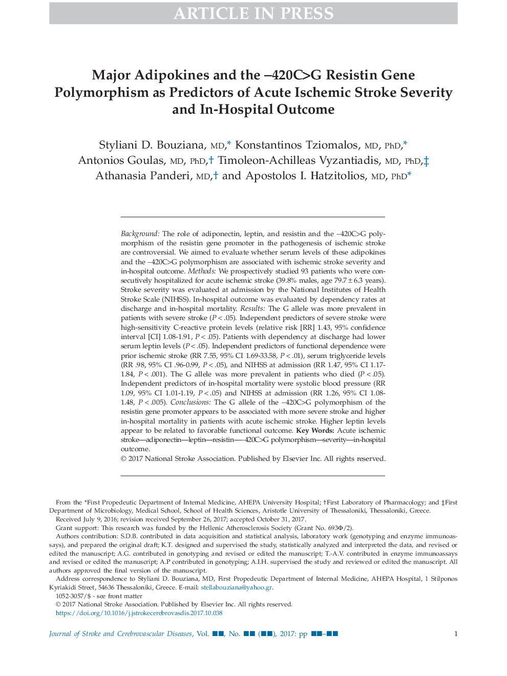 Major Adipokines and the â420C>G Resistin Gene Polymorphism as Predictors of Acute Ischemic Stroke Severity and In-Hospital Outcome