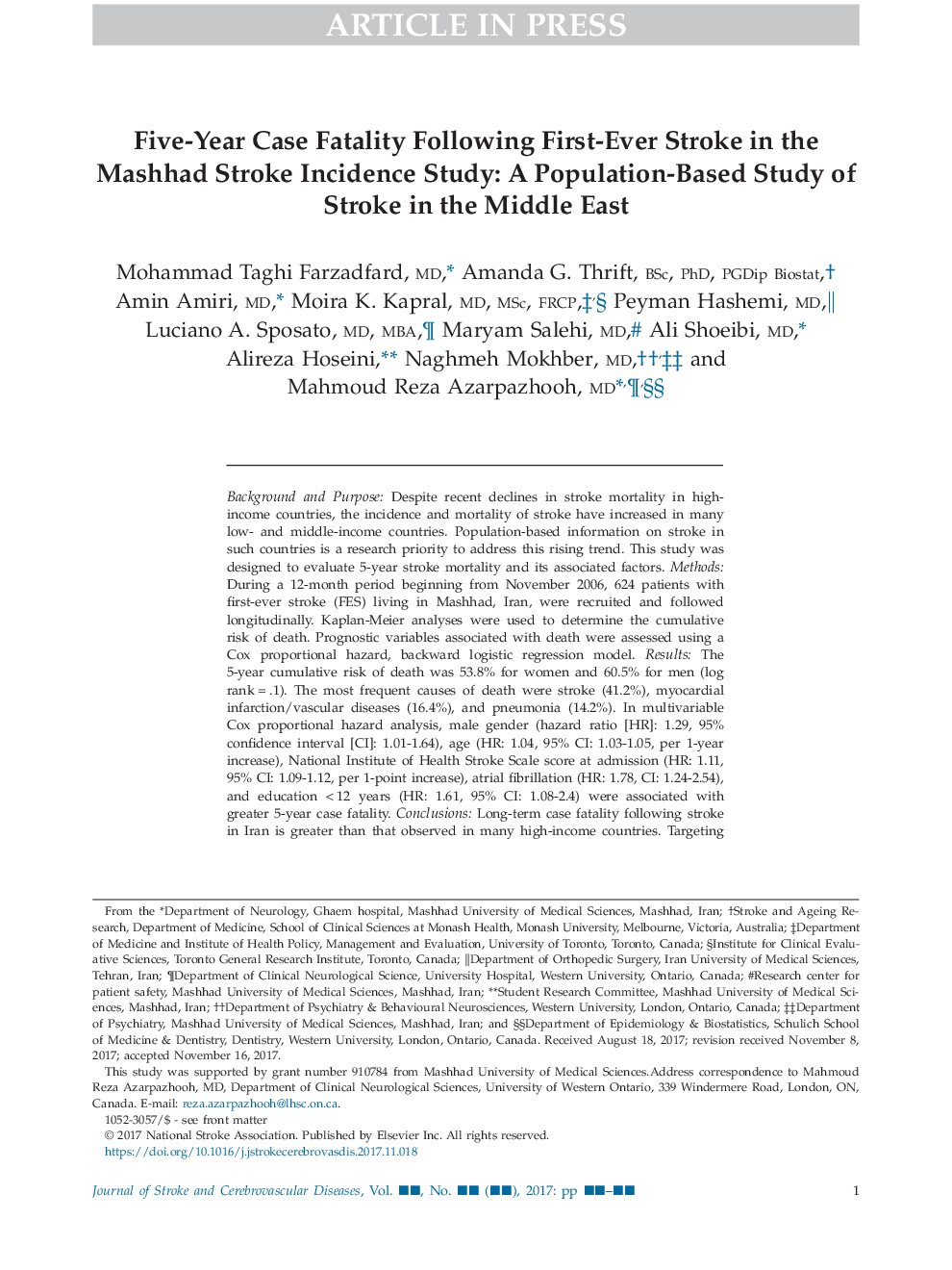 مرگ و میر 5 ساله پس از سکته مغزی در سنین مختلف در مطالعه سکته مغزی در مشهد: مطالعه بر روی جمعیت مبتلا به سکته مغزی در خاورمیانه 