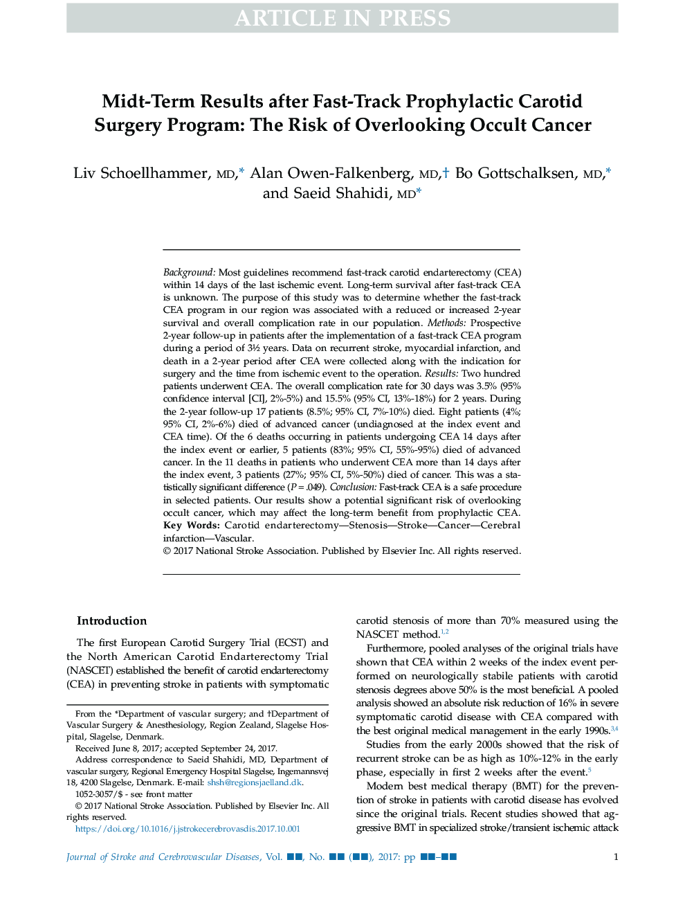 Midt-Term Results after Fast-Track Prophylactic Carotid Surgery Program: The Risk of Overlooking Occult Cancer