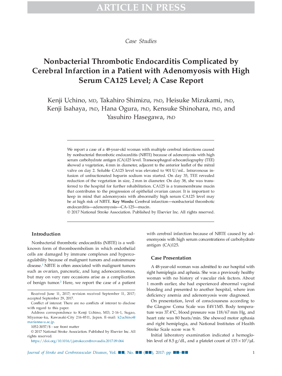 Nonbacterial Thrombotic Endocarditis Complicated by Cerebral Infarction in a Patient with Adenomyosis with High Serum CA125 Level; A Case Report