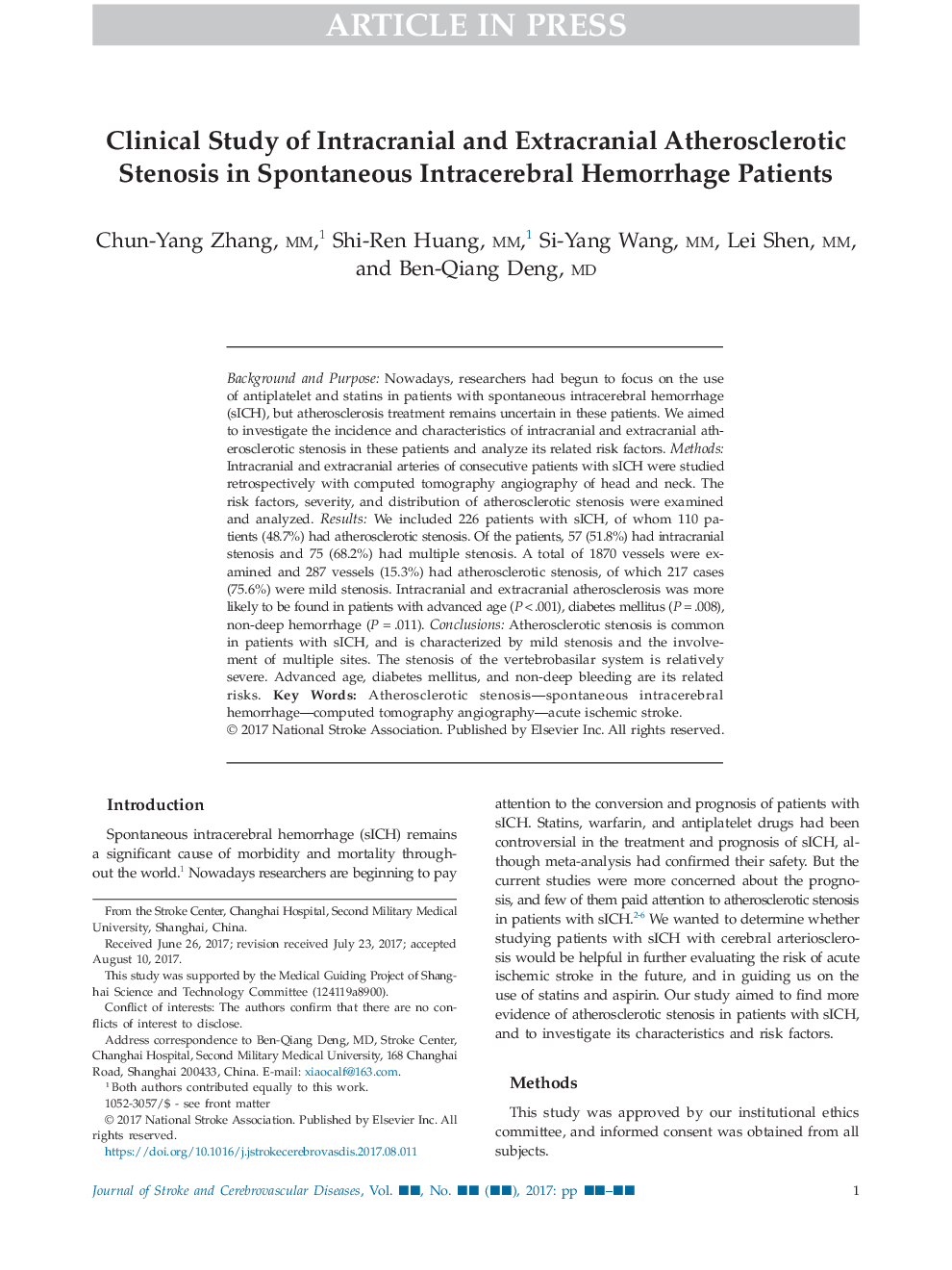 Clinical Study of Intracranial and Extracranial Atherosclerotic Stenosis in Spontaneous Intracerebral Hemorrhage Patients