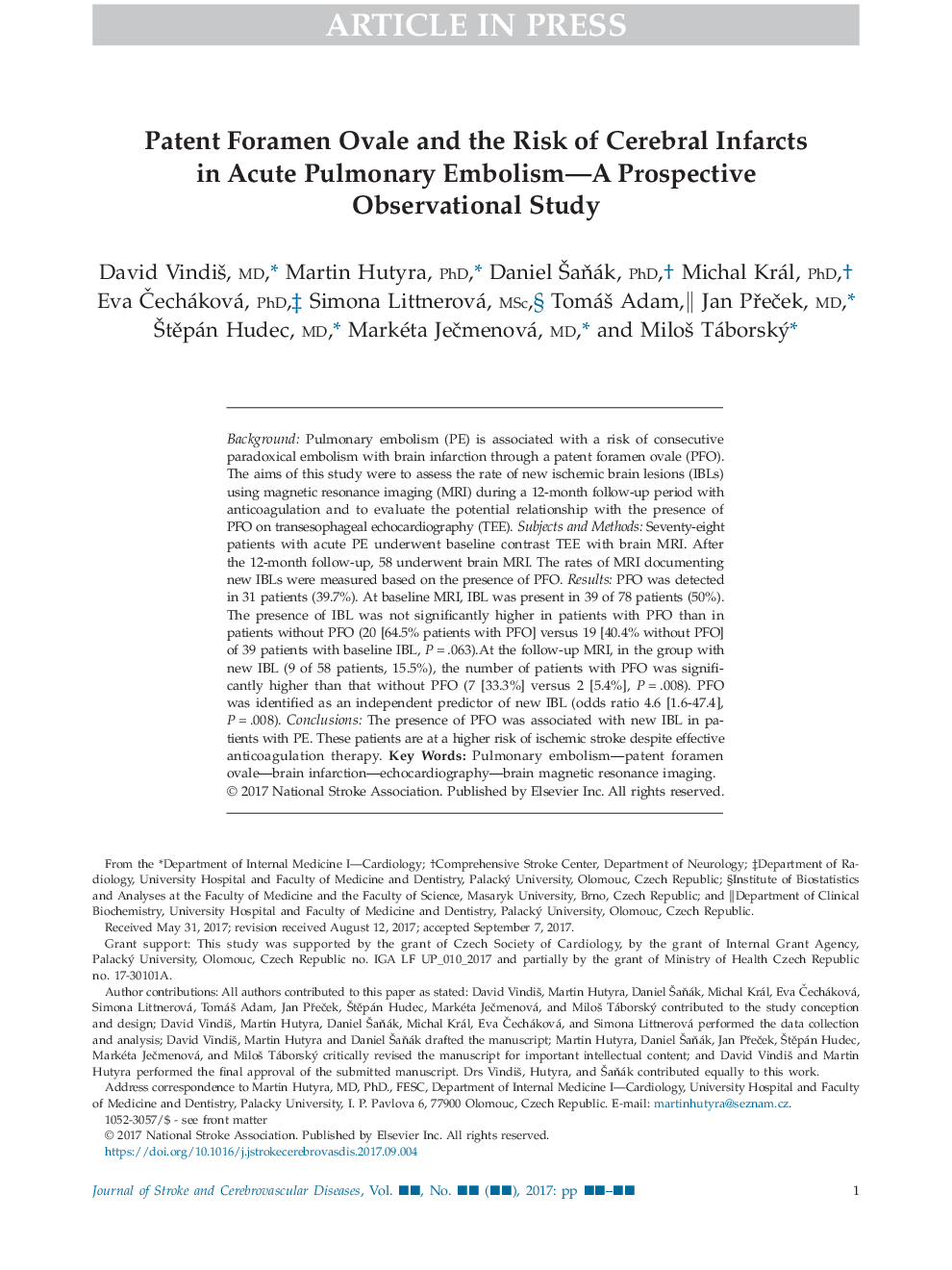 Patent Foramen Ovale and the Risk of Cerebral Infarcts in Acute Pulmonary Embolism-A Prospective Observational Study