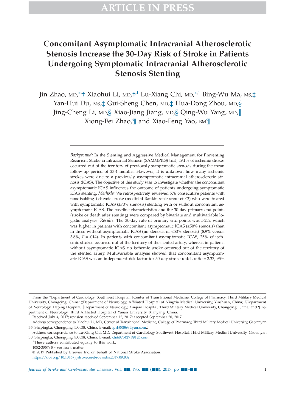 Concomitant Asymptomatic Intracranial Atherosclerotic Stenosis Increase the 30-Day Risk of Stroke in Patients Undergoing Symptomatic Intracranial Atherosclerotic Stenosis Stenting