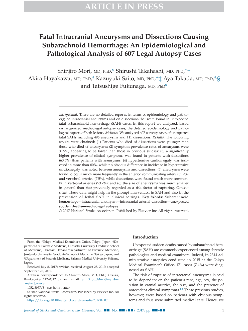 Fatal Intracranial Aneurysms and Dissections Causing Subarachnoid Hemorrhage: An Epidemiological and Pathological Analysis of 607 Legal Autopsy Cases