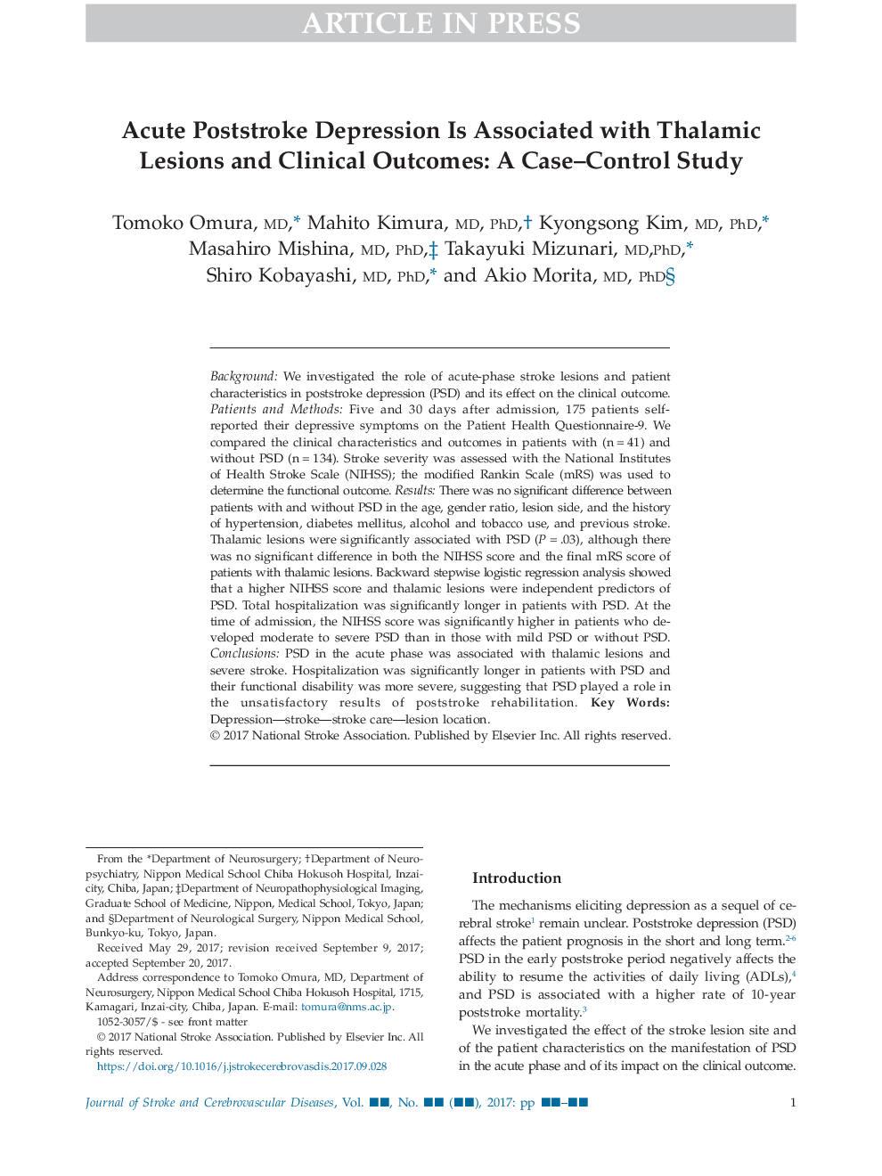 Acute Poststroke Depression Is Associated with Thalamic Lesions and Clinical Outcomes: A Case-Control Study