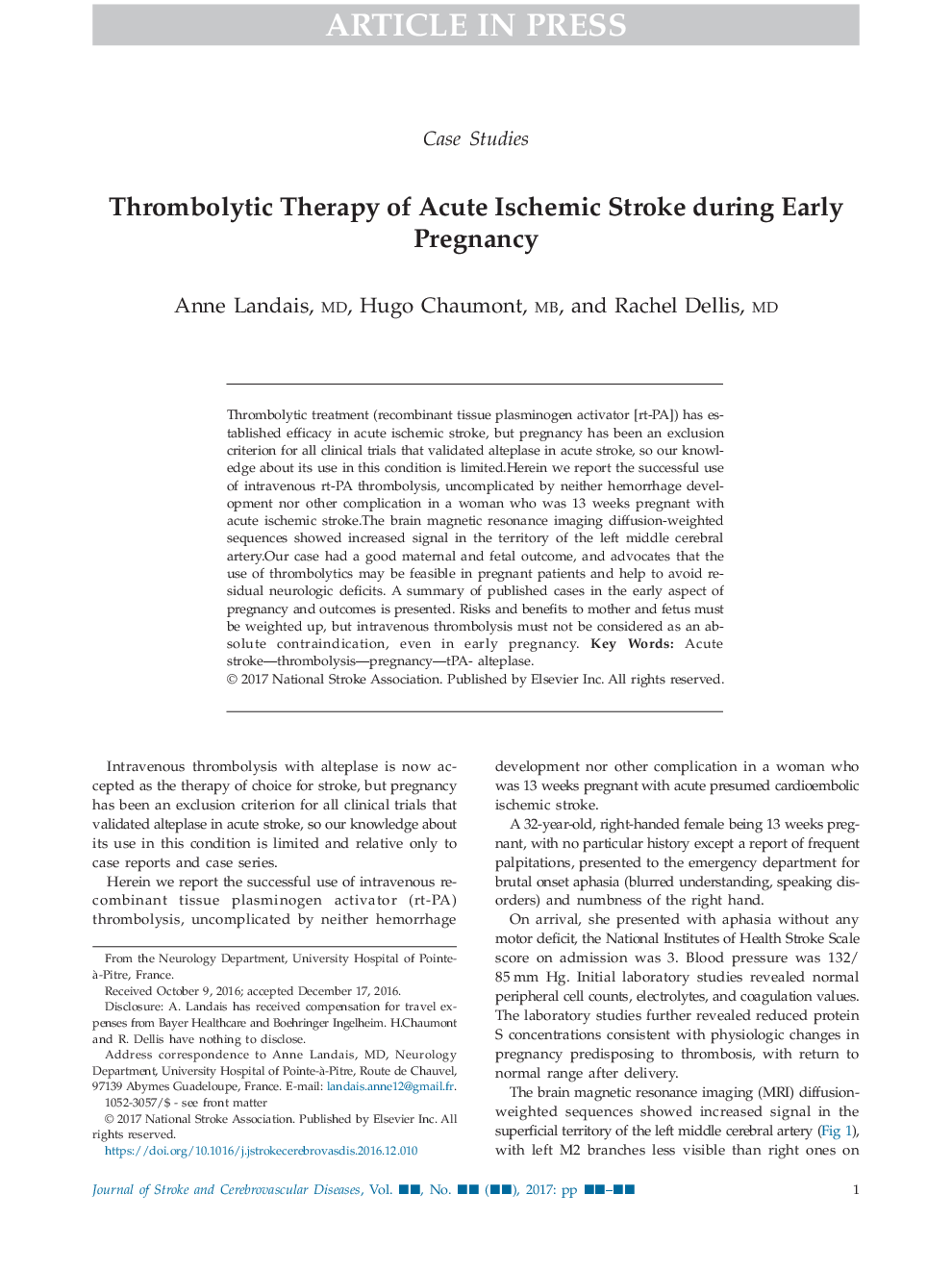 Thrombolytic Therapy of Acute Ischemic Stroke during Early Pregnancy