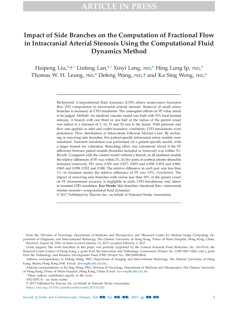 Impact of Side Branches on the Computation of Fractional Flow in Intracranial Arterial Stenosis Using the Computational Fluid Dynamics Method