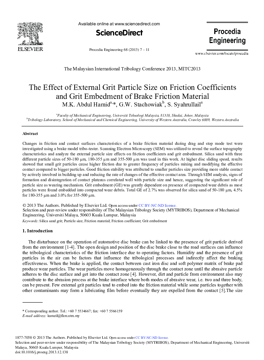 The Effect of External Grit Particle Size on Friction Coefficients and Grit Embedment of Brake Friction Material 