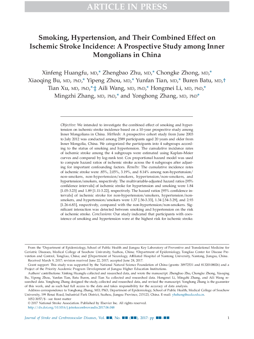 Smoking, Hypertension, and Their Combined Effect on Ischemic Stroke Incidence: A Prospective Study among Inner Mongolians in China