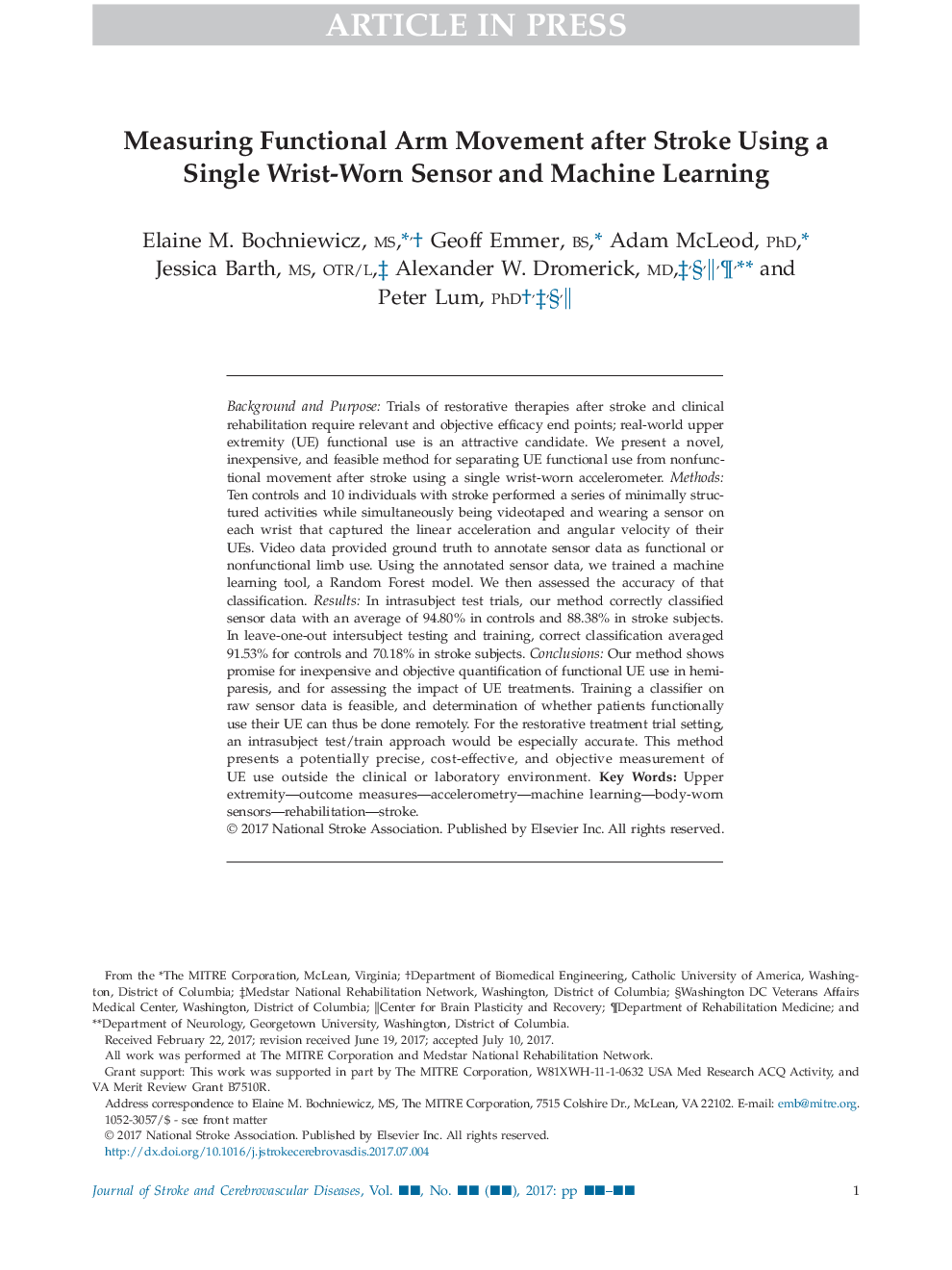 اندازه گیری حرکت بازوی کارکردی پس از سکته مغزی با استفاده از یک سنسور مود مچ دست و یادگیری ماشین 