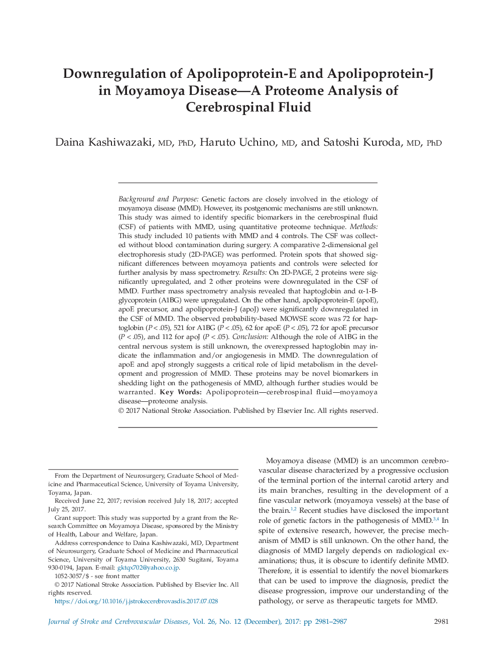 Downregulation of Apolipoprotein-E and Apolipoprotein-J in Moyamoya Disease-A Proteome Analysis of Cerebrospinal Fluid