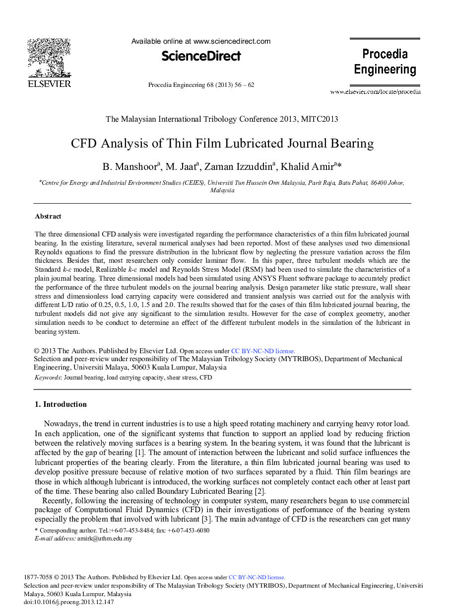 CFD Analysis of Thin Film Lubricated Journal Bearing 