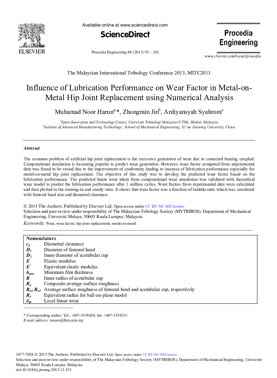 Influence of Lubrication Performance on Wear Factor in Metal-on- Metal Hip Joint Replacement Using Numerical Analysis 