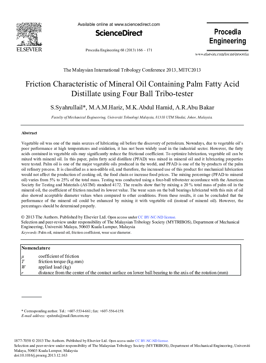 Friction Characteristic of Mineral Oil Containing Palm Fatty Acid Distillate Using Four Ball Tribo-tester 