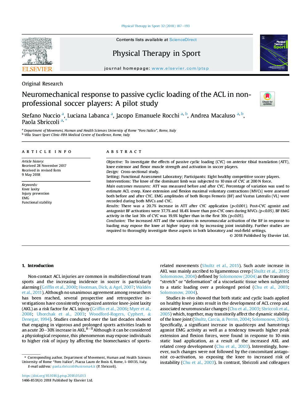 Neuromechanical response to passive cyclic loading of the ACL in non-professional soccer players: A pilot study