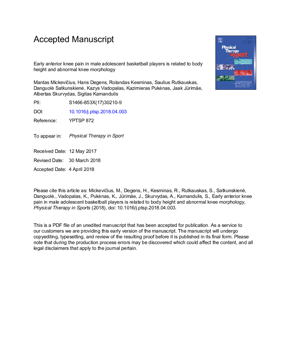 Early anterior knee pain in male adolescent basketball players is related to body height and abnormal knee morphology