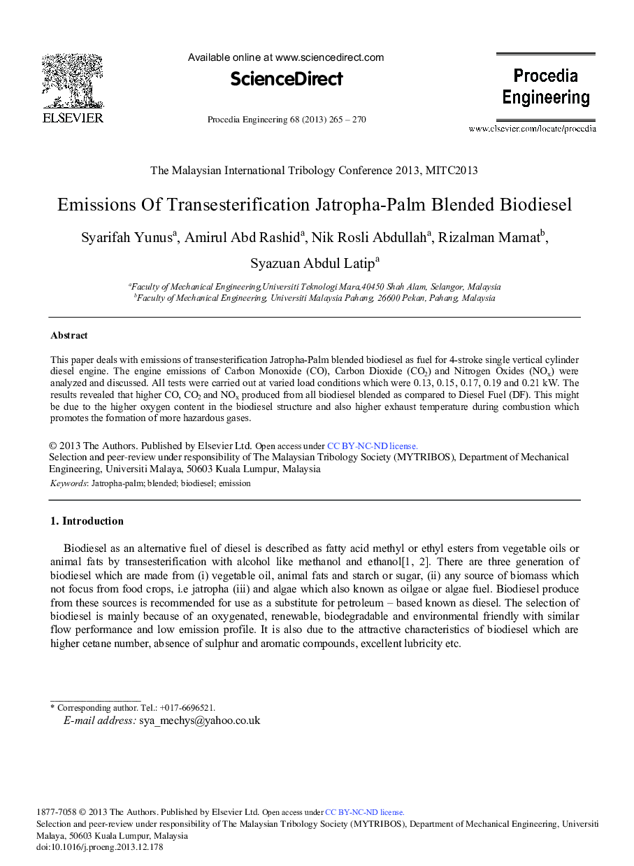 Emissions of Transesterification Jatropha-palm Blended Biodiesel 