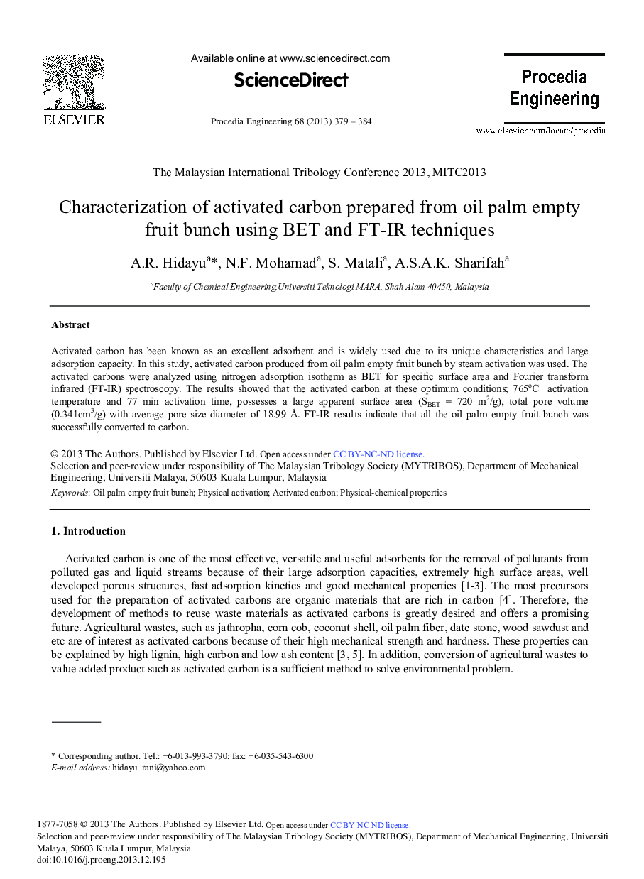 Characterization of Activated Carbon Prepared from Oil Palm Empty Fruit Bunch Using BET and FT-IR Techniques 