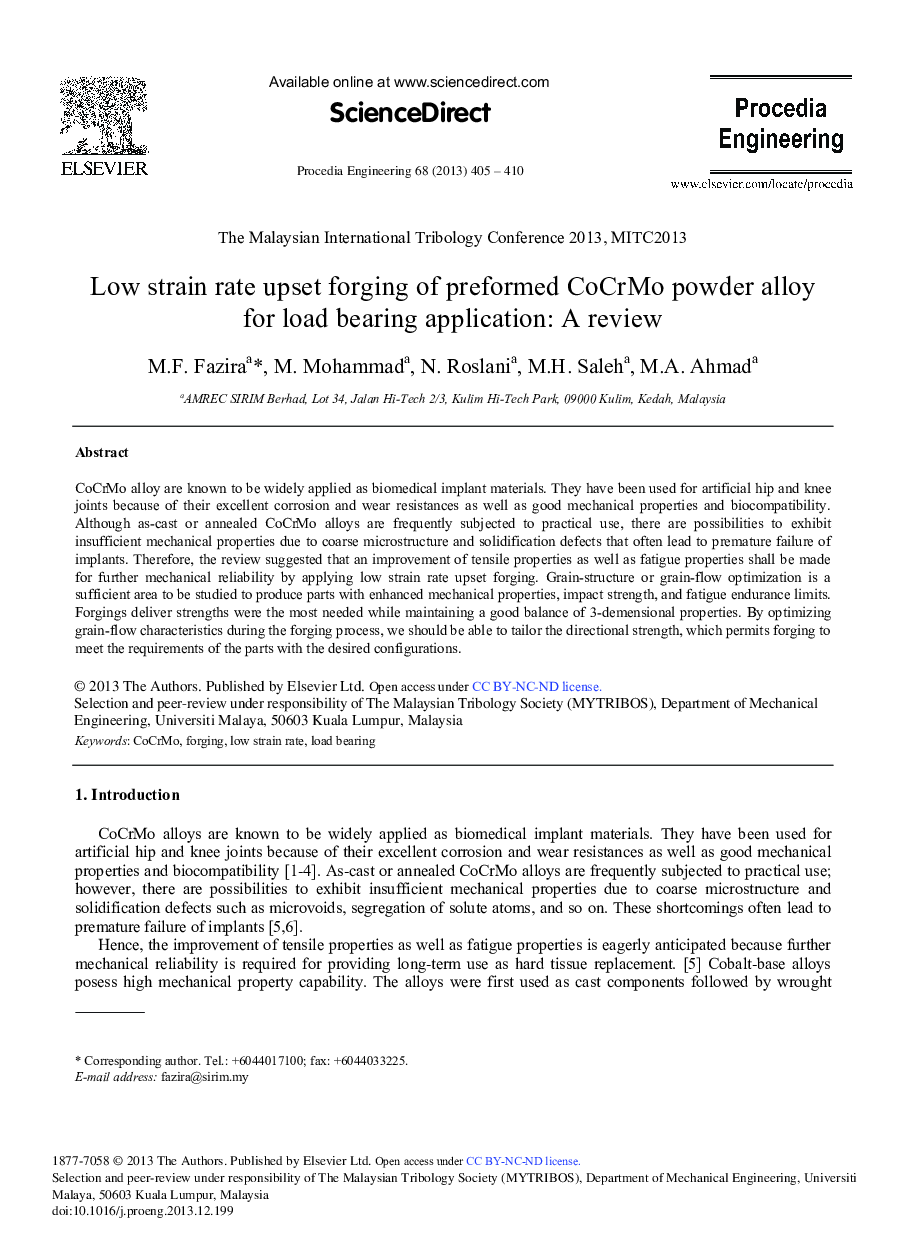 Low Strain Rate Upset Forging of Preformed CoCrMo Powder Alloy for Load Bearing Application: A Review 