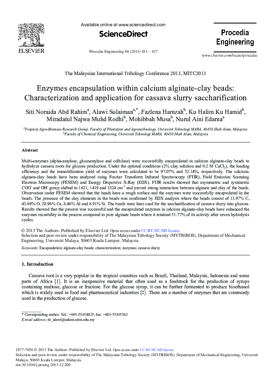 Enzymes Encapsulation within Calcium Alginate-clay Beads: Characterization and Application for Cassava Slurry Saccharification 