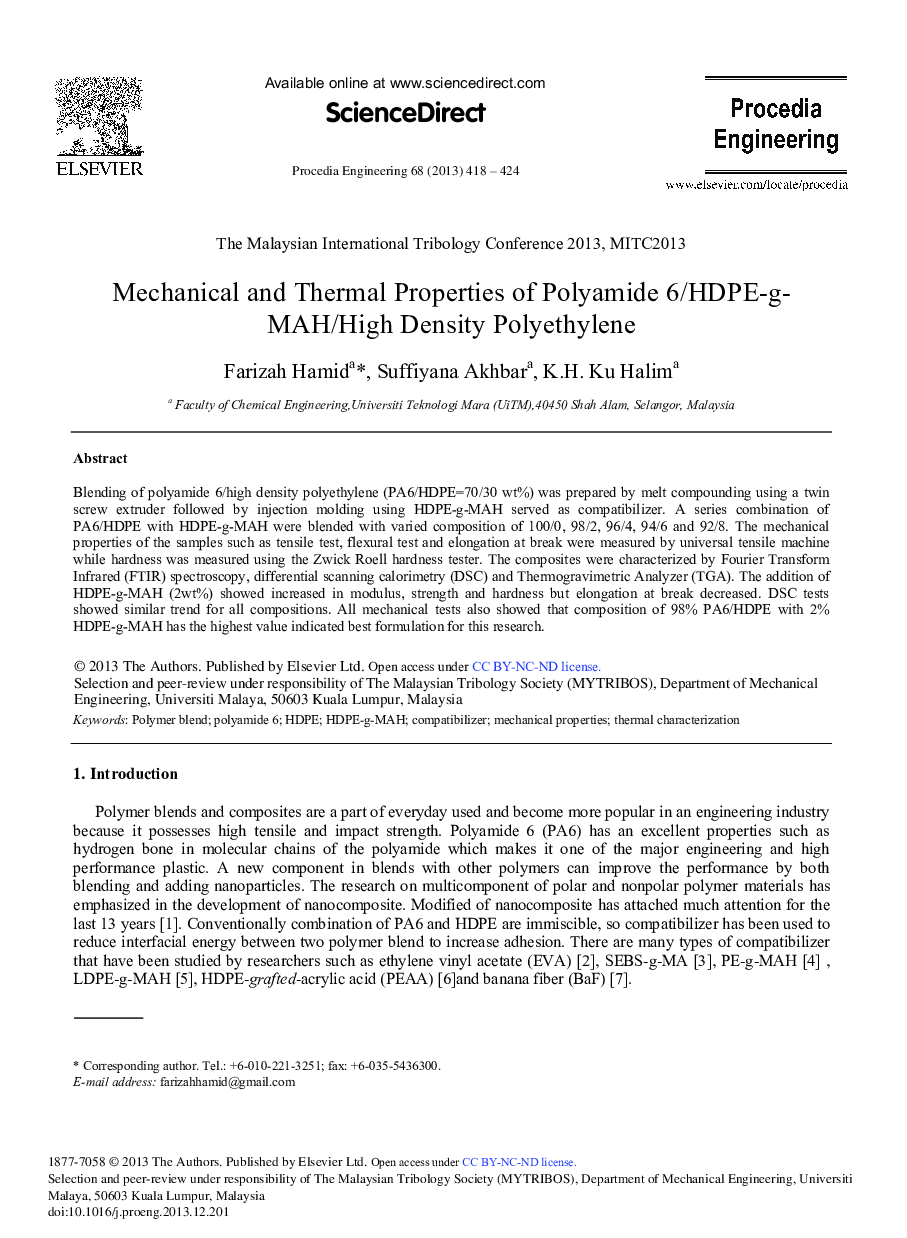 Mechanical and Thermal Properties of Polyamide 6/HDPE-g- MAH/High Density Polyethylene 